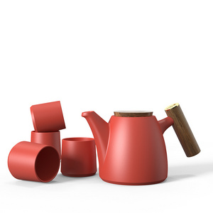 DHPO Promotion matte red tea pot warmer with wooden handle ceramic kettle 4 pcs tea set with wooden handle