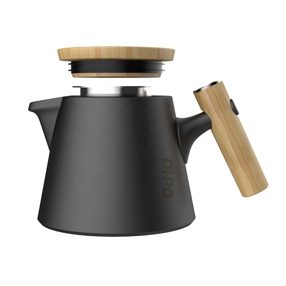 DHPO porcelain trapezoid matte black ceramic brewing teapot with infuser bamboo handle for loose leaf tea