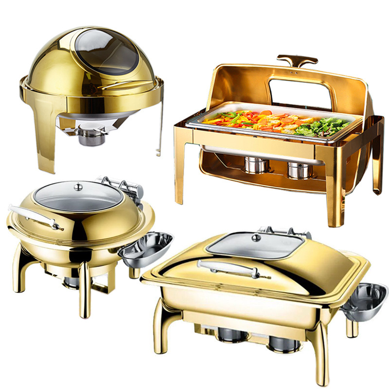 Commercial Catering Equipment Food Warmer Set Stainless Steel Gold Luxury Round Chafing Dish Buffet Set