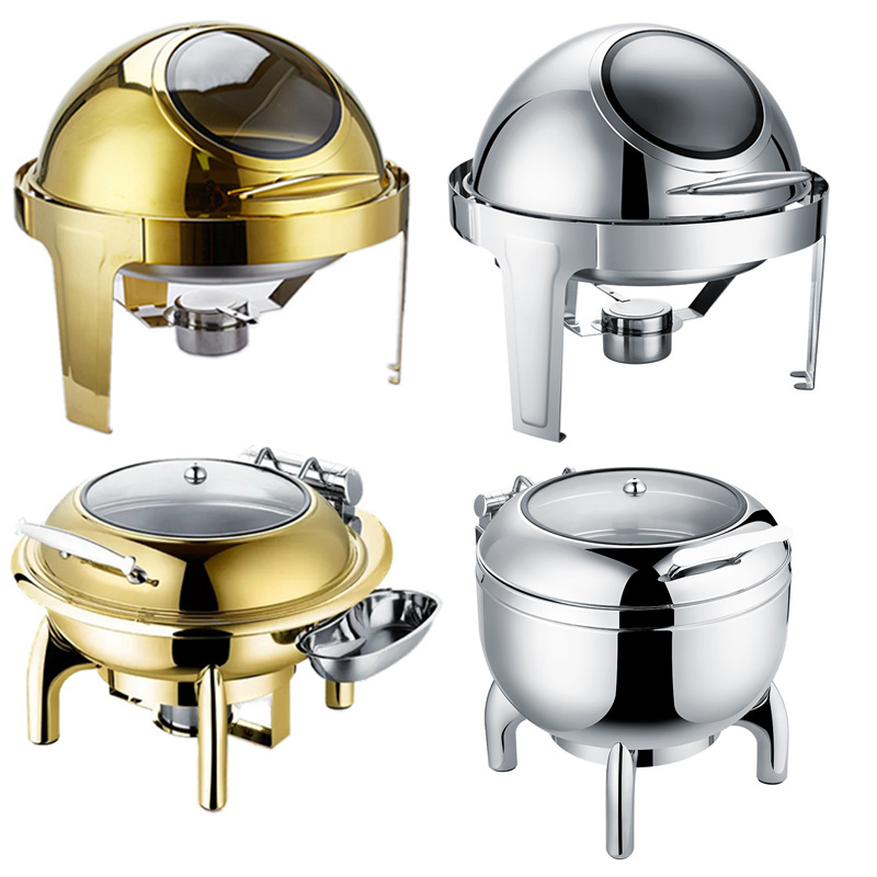 Commercial Catering Equipment Food Warmer Set Stainless Steel Gold Luxury Round Chafing Dish Buffet Set