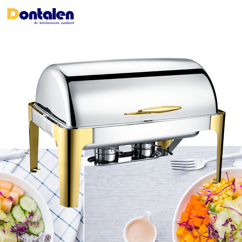 Dontalen 6L 9L Luxury Gold Plated High-end Stainless Steel Roll Top Chafing Dish Food Warmer With Visible Glass