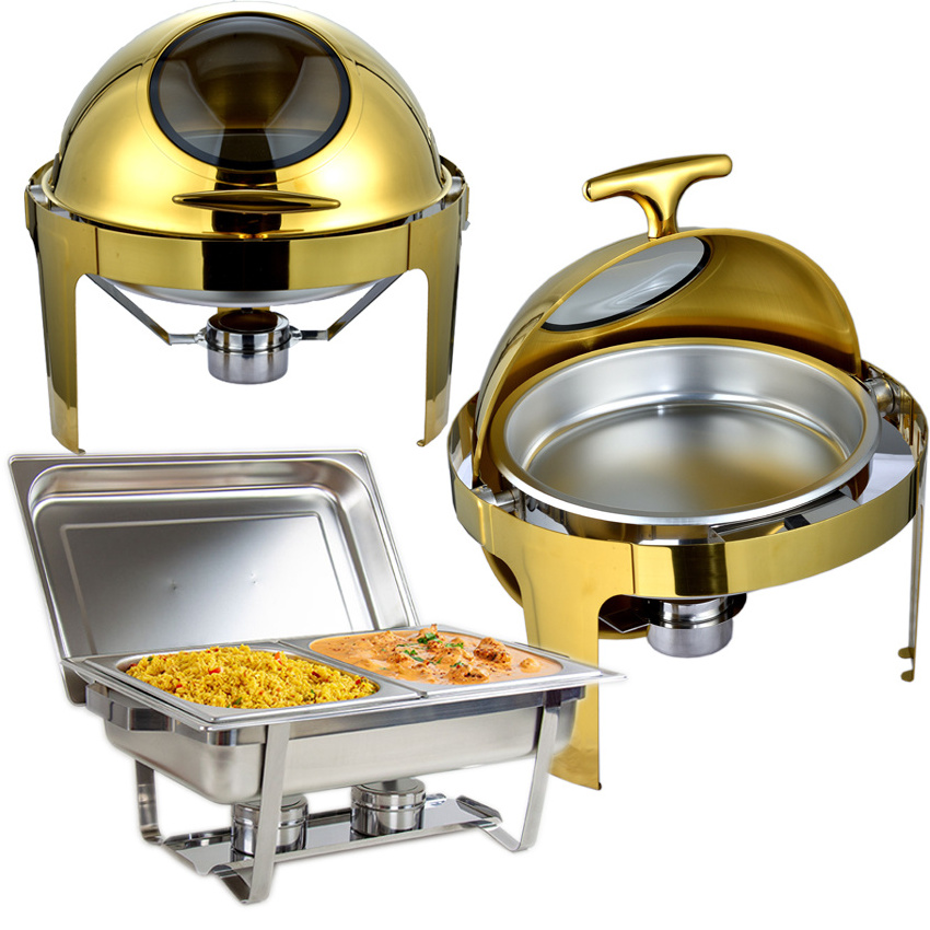 Commercial Catering Equipment Food Warmer Set Stainless Steel Gold Luxury Round Chafing Dish Buffet Set