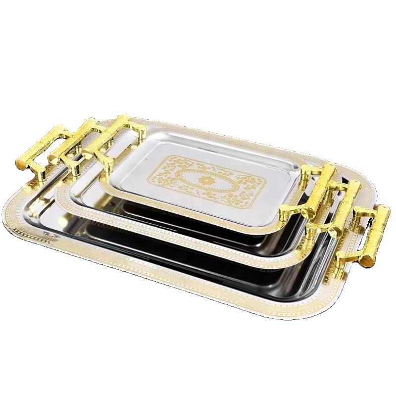 Stainless Steel Silver Serving Tray With Handles gold sevring tray Stainless Steel Rectangular Arabic Style Metal Pattern Plate