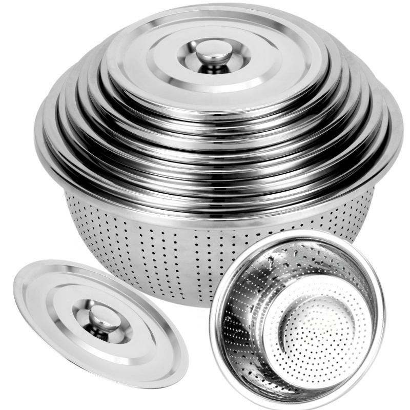 Thickened stainless steel colander and salad bowl for kitchen washing fruits vegetables rice etc