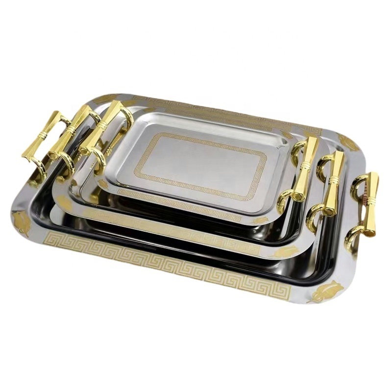 Stainless Steel Silver Serving Tray With Handles gold sevring tray Stainless Steel Rectangular Arabic Style Metal Pattern Plate