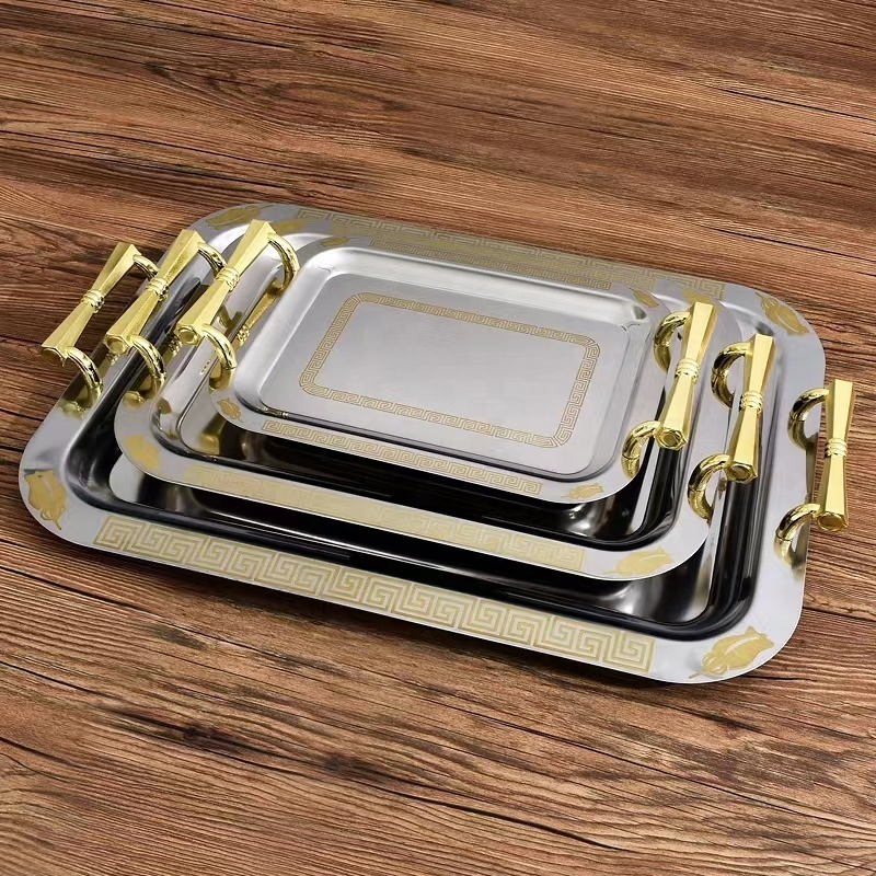 Stainless Steel Silver Serving Tray With Handles gold sevring tray Stainless Steel Rectangular Arabic Style Metal Pattern Plate