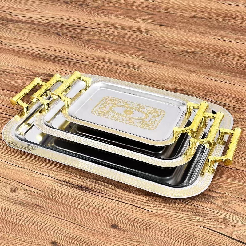 Stainless Steel Silver Serving Tray With Handles gold sevring tray Stainless Steel Rectangular Arabic Style Metal Pattern Plate