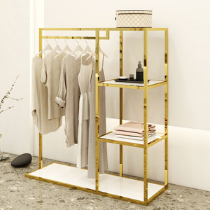 Custom Shiny Gold Stainless Steel Clothes Stand Heavy Duty Clothing Store Display Stand Floor-Type Metal Rack