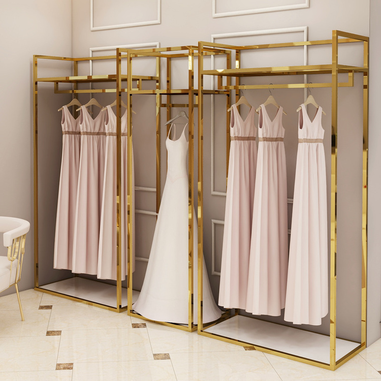 Custom Shiny Gold Clothes Stand Apparel Garment Display Rack Clothes Metal Gold Clothing Rack