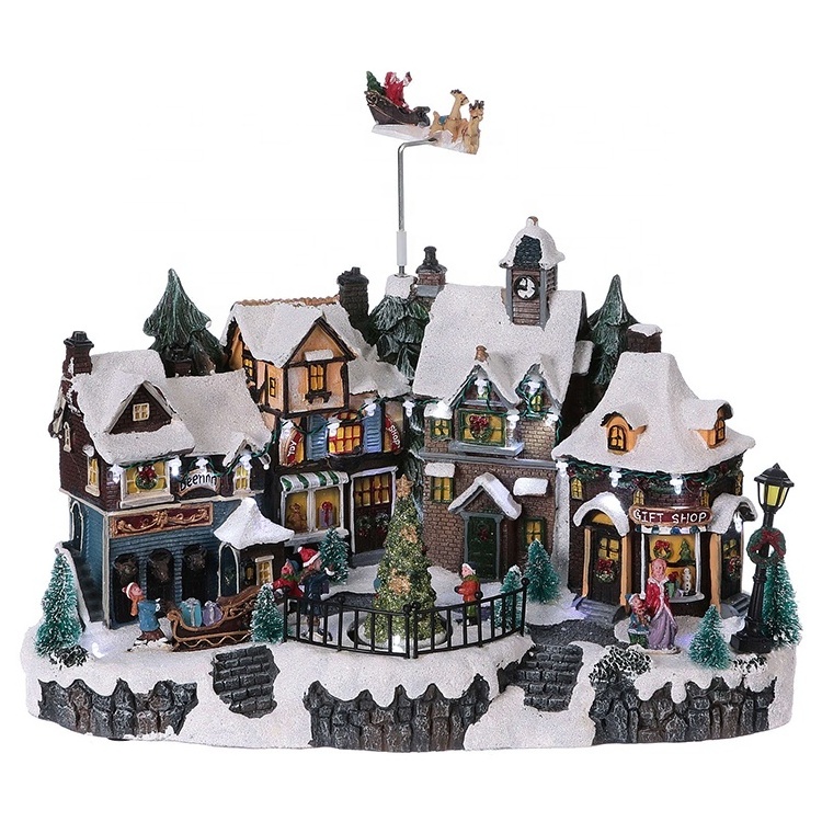 EAGLEGIFTS Holiday Snow House Decoration Polyresin Light Christmas Village Figurines Animated