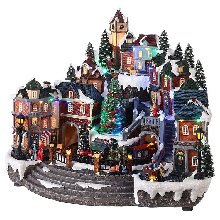 EAGLEGIFTS Holiday Snow House Decoration Polyresin Light Christmas Village Figurines Animated