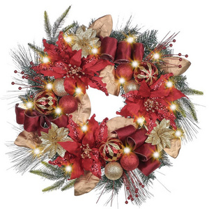 EAGLEGIFTS 24 Inch Xmas Plastic Flower Wreath Decor Bulk Wall Window Door Decorative Artificial Christmas Wreaths with Led Light