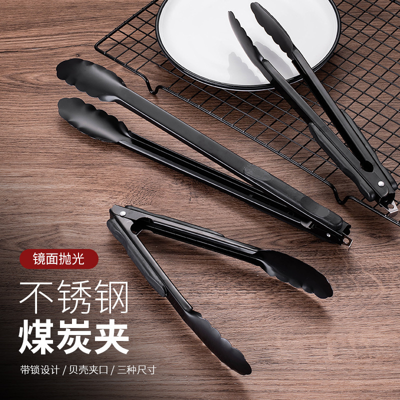 High Quality Anti-slip Stainless Steel Handle Black Silverware With Lock Kitchen Tongs Kitchen Cutlery Food Tongs