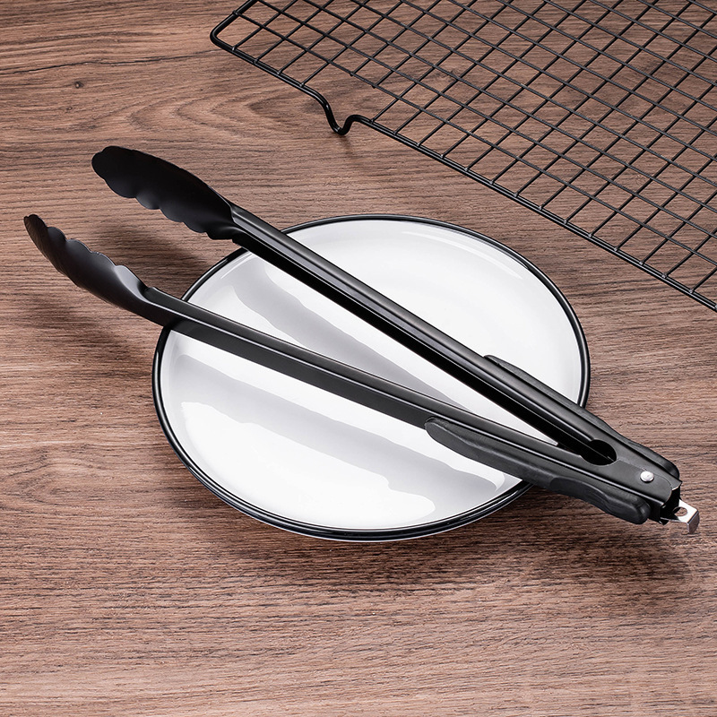 High Quality Anti-slip Stainless Steel Handle Black Silverware With Lock Kitchen Tongs Kitchen Cutlery Food Tongs