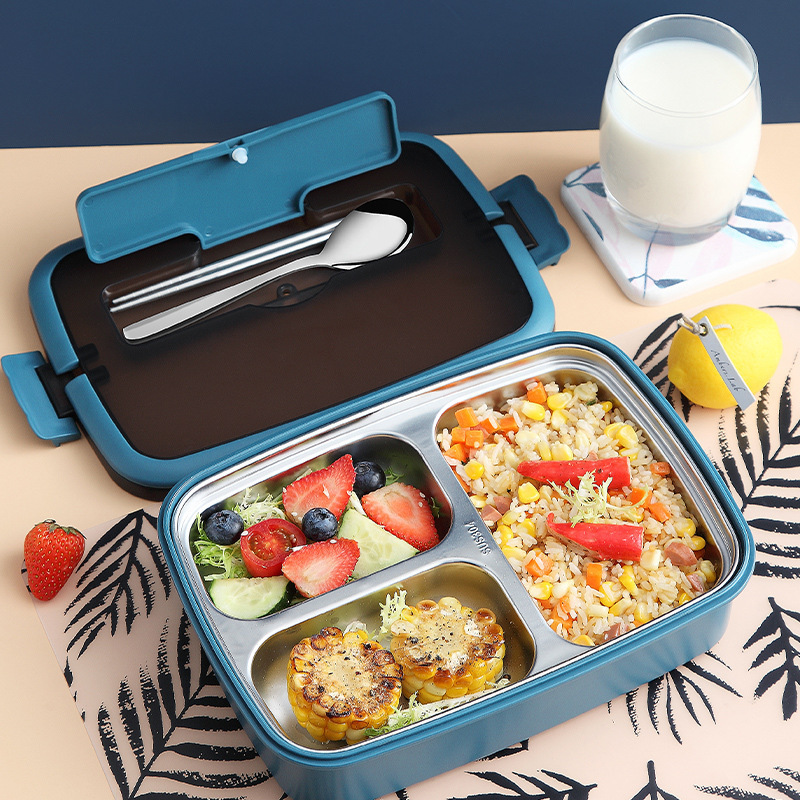 Student Portable 304 Stainless Steel Insulated Sealed Separated Lunch Box Heatable Leak Proof Lunch Bento Box With Tableware Set