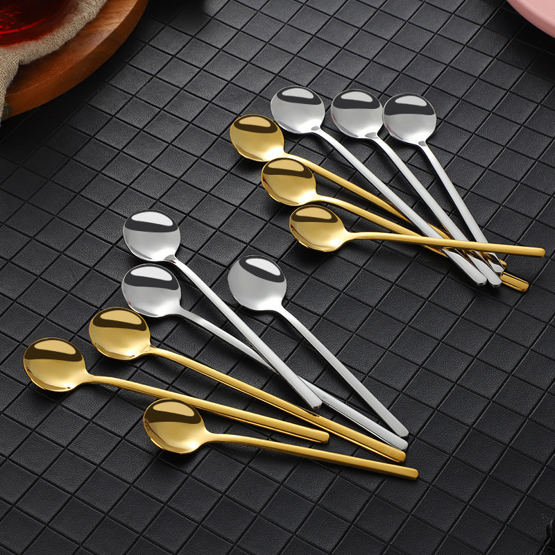 Stainless Steel Korean Style Small Round Spoon Coffee Milk Tea Stir Small Spoon Ice Cream Dessert Spoon Long Handle Golden