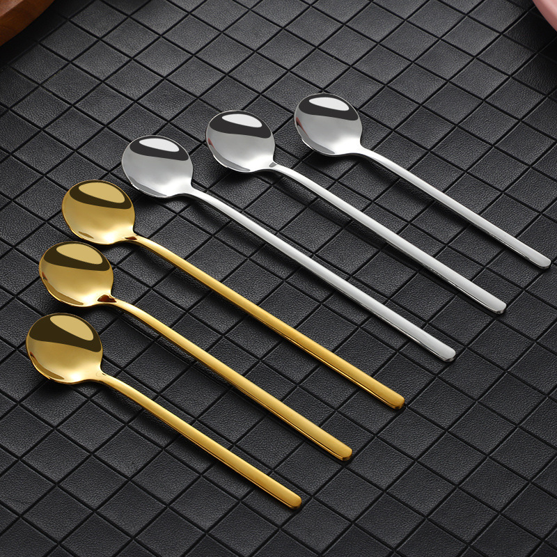 Stainless Steel Korean Style Small Round Spoon Coffee Milk Tea Stir Small Spoon Ice Cream Dessert Spoon Long Handle Golden