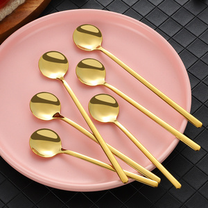 Stainless Steel Korean Style Small Round Spoon Coffee Milk Tea Stir Small Spoon Ice Cream Dessert Spoon Long Handle Golden