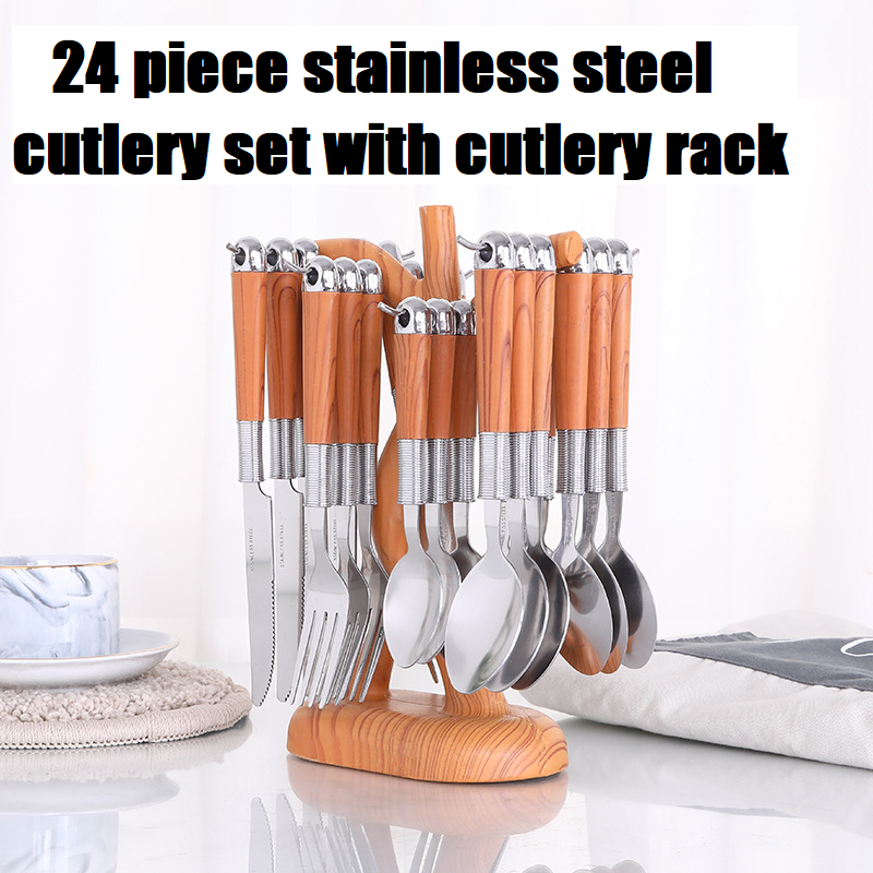 Hot Selling Wooden Handle Stainless Steel Flatware Set Knife Serve Fork Spoon Portable 24pcs Dinnerware Cutlery Set With Rack