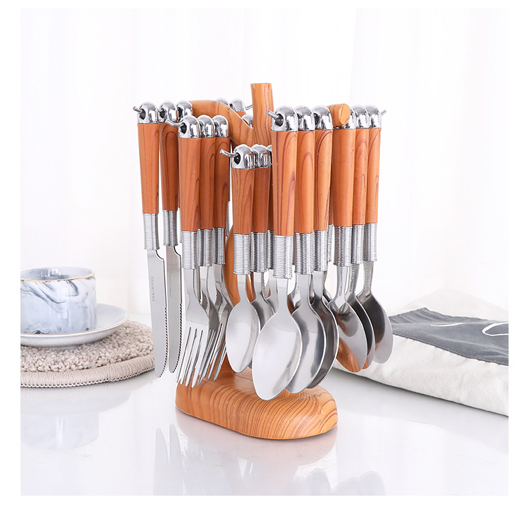 Hot Selling Wooden Handle Stainless Steel Flatware Set Knife Serve Fork Spoon Portable 24pcs Dinnerware Cutlery Set With Rack