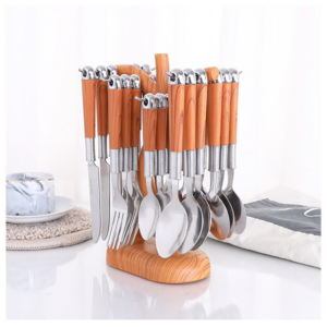 Hot Selling Wooden Handle Stainless Steel Flatware Set Knife Serve Fork Spoon Portable 24pcs Dinnerware Cutlery Set With Rack