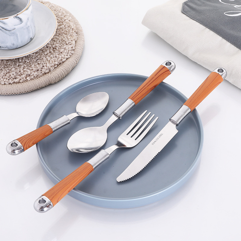 Hot Selling Wooden Handle Stainless Steel Flatware Set Knife Serve Fork Spoon Portable 24pcs Dinnerware Cutlery Set With Rack