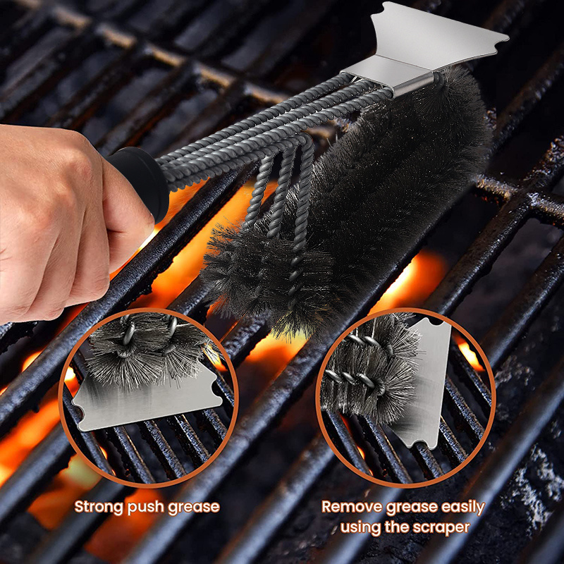 bbq accessories wire stainless steel 3-in-1 grill cleaning bbq cleaning grill brush for barbecue