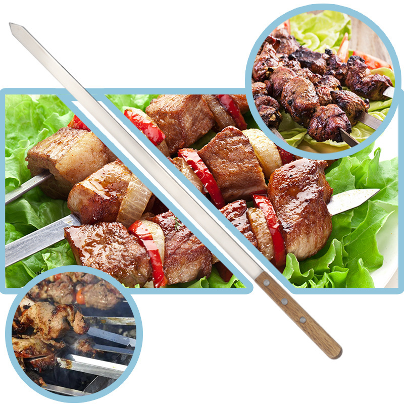 Portable bbq grill Large stainless steel skewer Flat Kabab Skewers with Wood Handle for barbecue