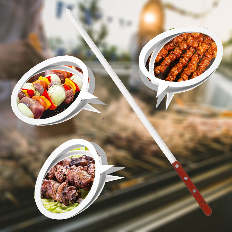 Barbeque long stainless steel flat kebab skewers with wooden handle