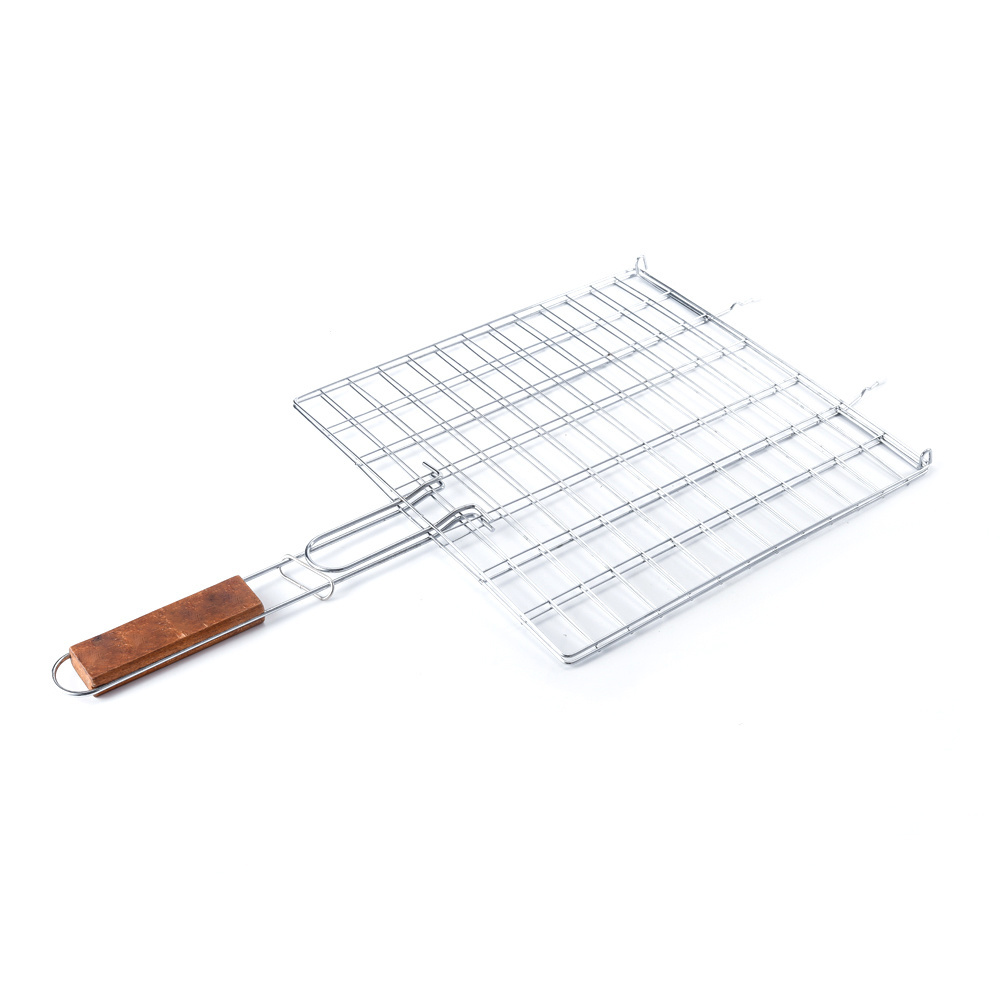 Large Stainless steel barbecue wire mesh bbq grill basket with wooden handle