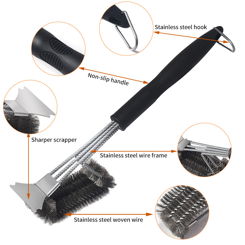 bbq accessories wire stainless steel 3-in-1 grill cleaning bbq cleaning grill brush for barbecue