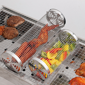 bbq portable 304 stainless steel round rolling grilling baskets for outdoor grilling