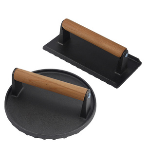 Heavy-Duty custom smash cast iron meat burger press hamburger patty maker with Wood Handle 2 Pack