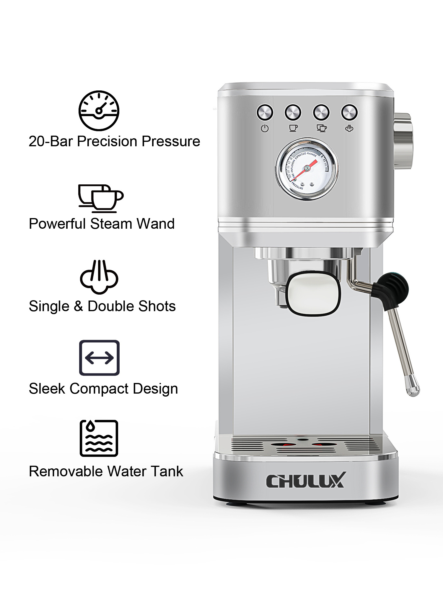 CHULUX 20 Bar Espresso Machine with Milk Foam Steam Wand, Semi-Automatic Stainless Steel Espresso Coffee Maker