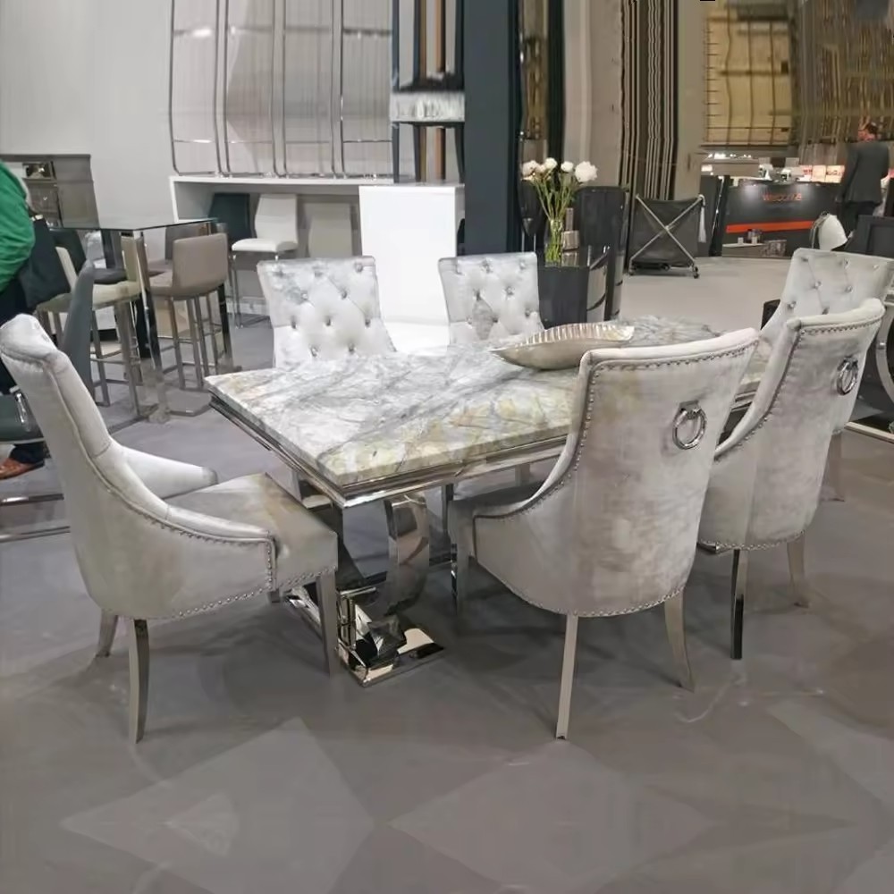 Modern living room furniture stainless steel dining tables and chairs set marble top dining table dining table set for home