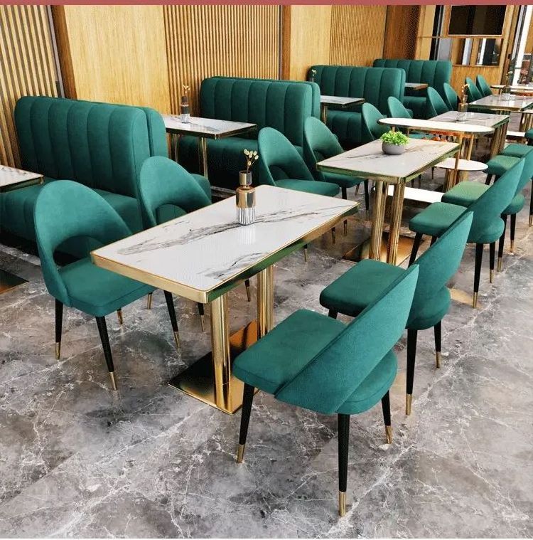 Modern Velvet Green Restaurant Furniture Cafeteria Booth Seating Sofa Cafe Coffee Shop Marble Table And Chairs Furniture Set