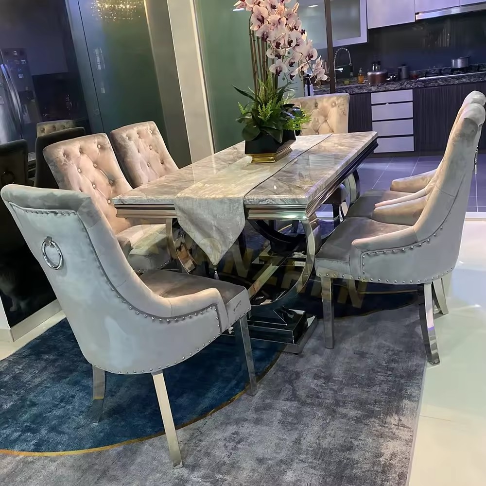 Modern living room furniture stainless steel dining tables and chairs set marble top dining table dining table set for home