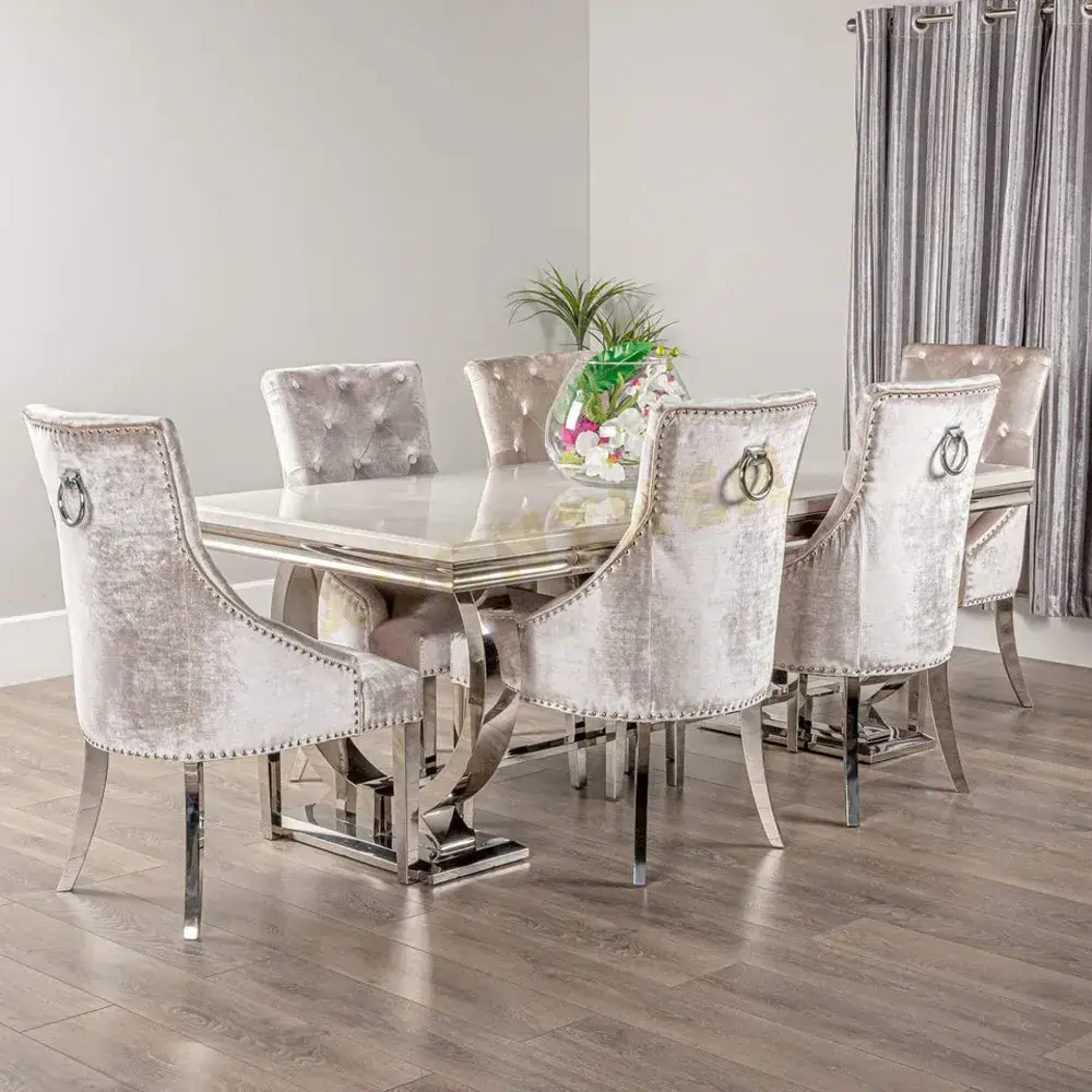 Modern living room furniture stainless steel dining tables and chairs set marble top dining table dining table set for home