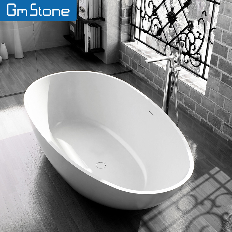 GM Small Size Oval Freestanding Bathtub Modern Design Stylish White Acrylic Solid Surface Soaking Tub Included