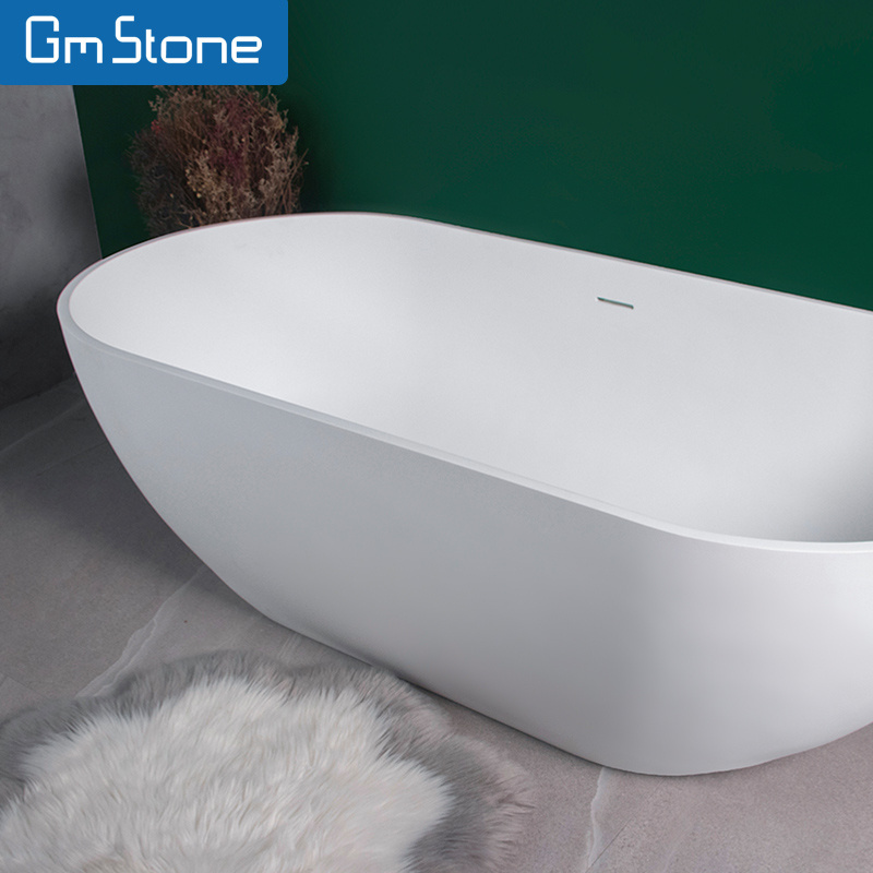 GM Modern Design White Oval Freestanding Luxury Romantic Bathtub Resin Artificial Stone Solid Surface for Hotel Soaking Bathtub