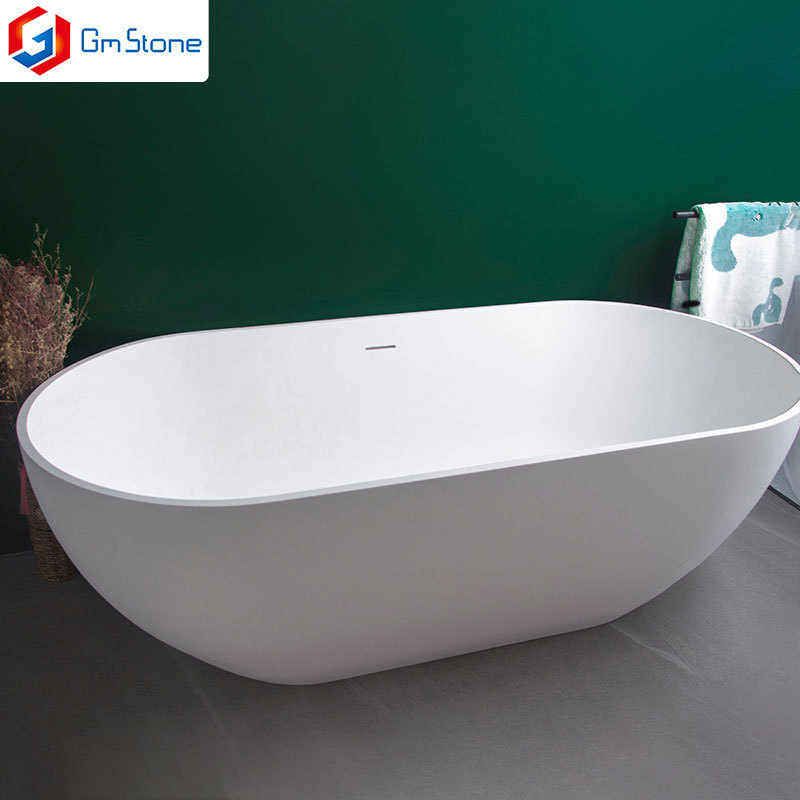 GM Modern Design White Oval Freestanding Luxury Romantic Bathtub Resin Artificial Stone Solid Surface for Hotel Soaking Bathtub