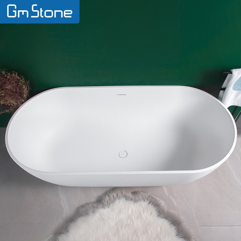 GM Modern Design White Oval Freestanding Luxury Romantic Bathtub Resin Artificial Stone Solid Surface for Hotel Soaking Bathtub