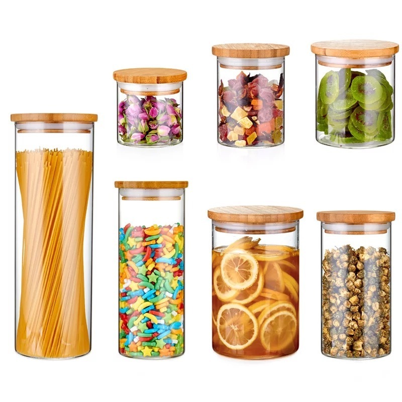 Free match full sizes High borosilicate Glass food airtight storage jar with bamboo lid glass canister container jar set