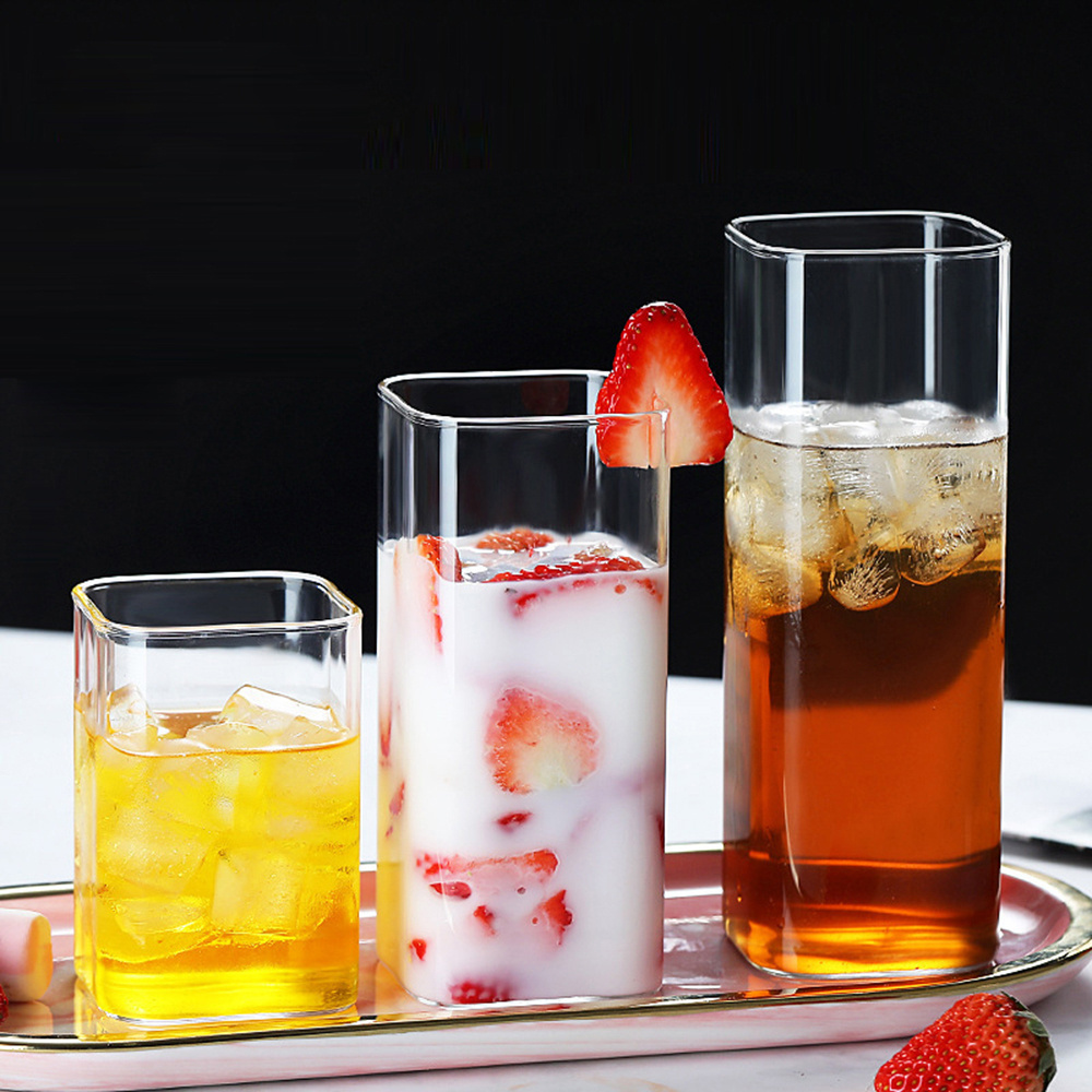 Square Glass Cups Highball Drinking Glasses for Water Wine Beer Cocktails Juice Iced Tea Coffee Mixed Drinks Kitchen Party Home