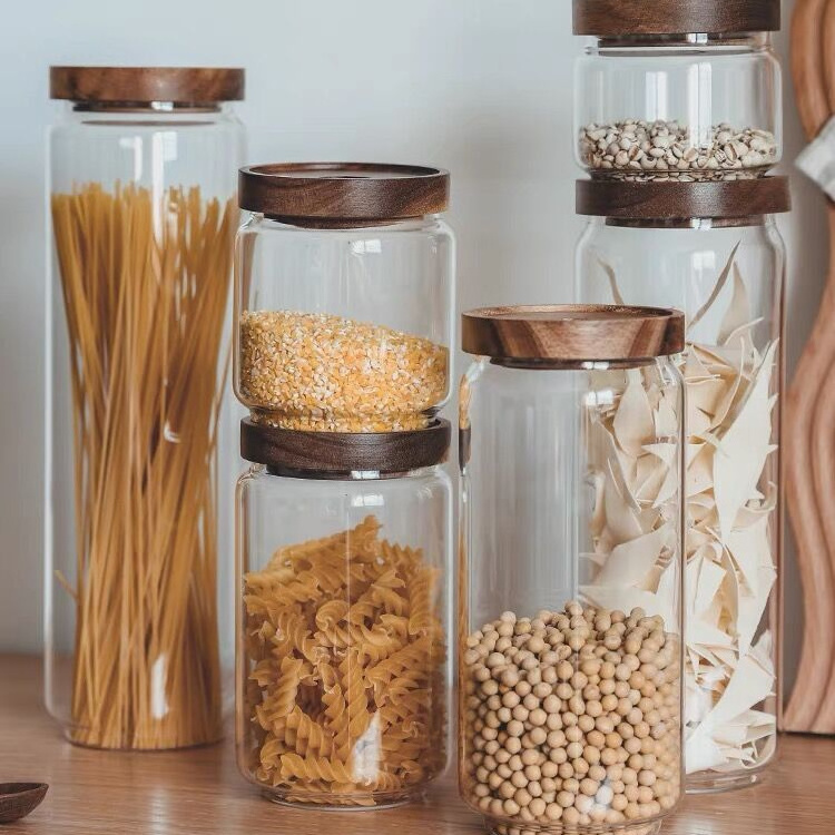 Free match full sizes High borosilicate Glass food airtight storage jar with bamboo lid glass canister container jar set