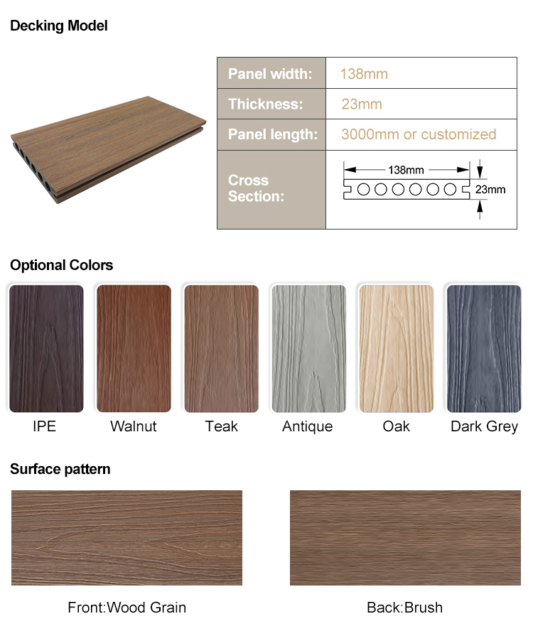 Outdoor 100 percent Raw Material Anti-UV Waterproof  Wood Plastic Composite Decking Timber Wpc Decking