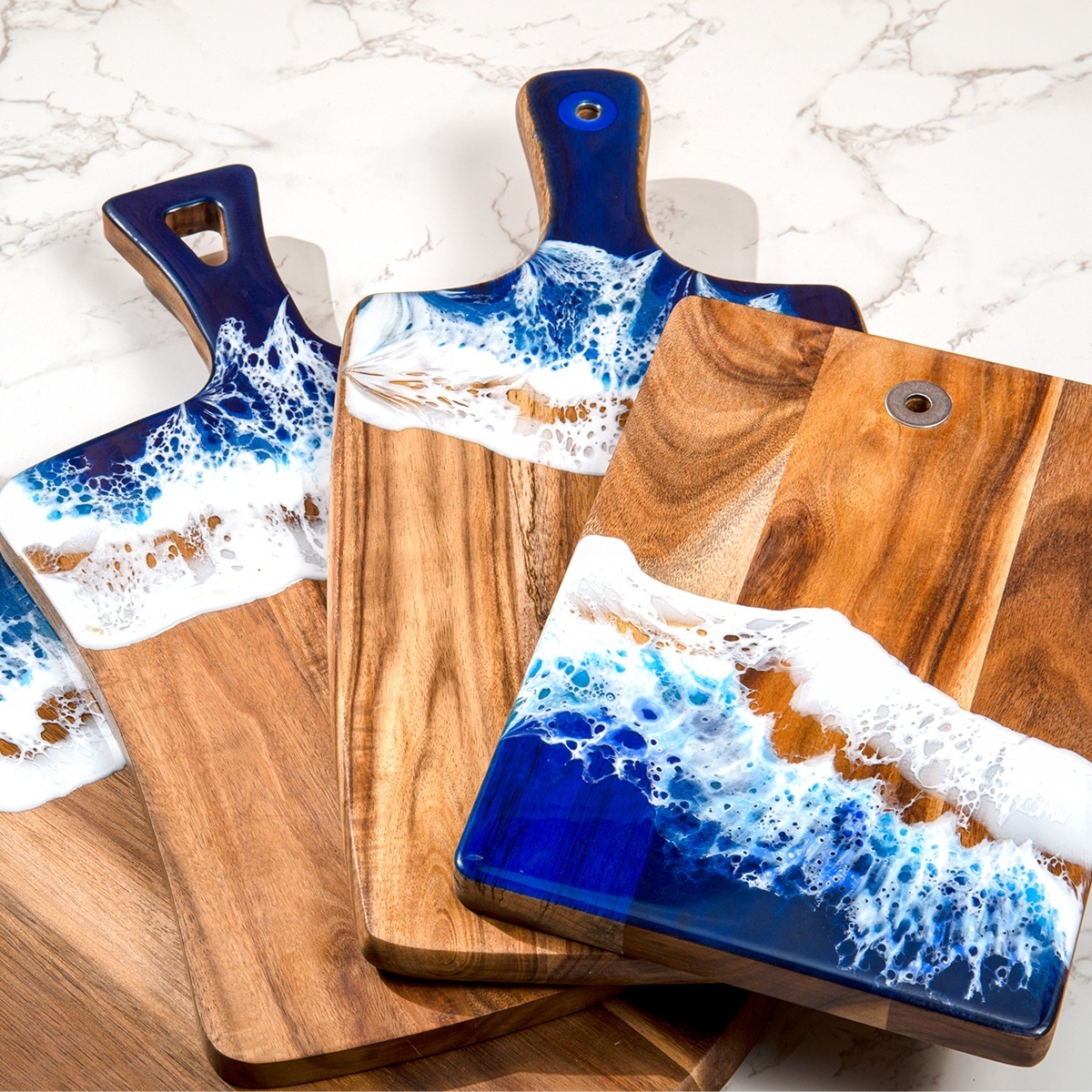 Epoxy Resin Acacia Wood Charcuterie Board Chopping Blocks  Ocean Beach Cheese Board Art Epoxy Resin Cutting Board with Handle