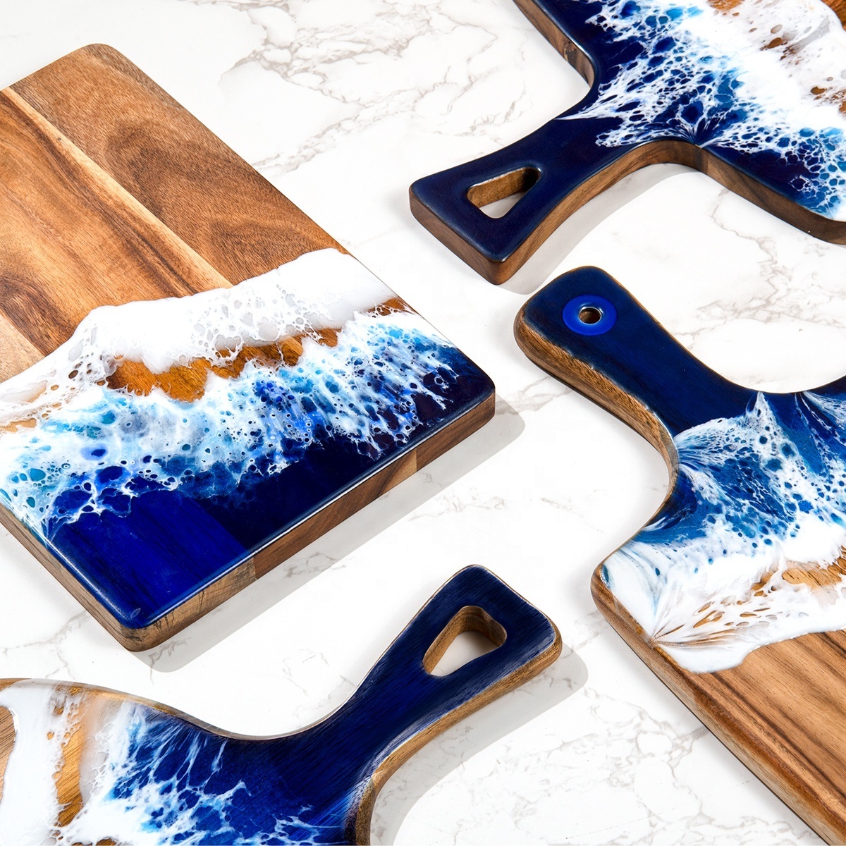 Epoxy Resin Acacia Wood Charcuterie Board Chopping Blocks  Ocean Beach Cheese Board Art Epoxy Resin Cutting Board with Handle