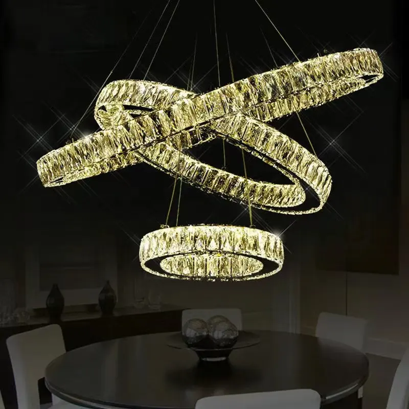 LED Crystal Chandelier Modern Ring Hanging Kitchen Lamp 3/2/1 Circle Dining Room Living Room Light Fixture 90 Wooden 180 50000