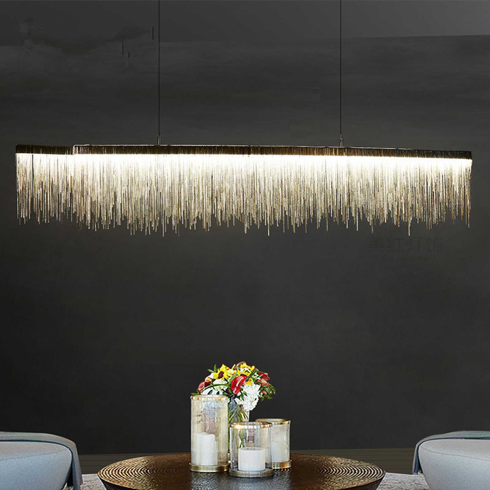 Long Modern Copper Chain Hanging Ceiling Pendant Lighting Modern Led Silver Lamps Tassel Dining Table Kitchen Chandelier 90 80